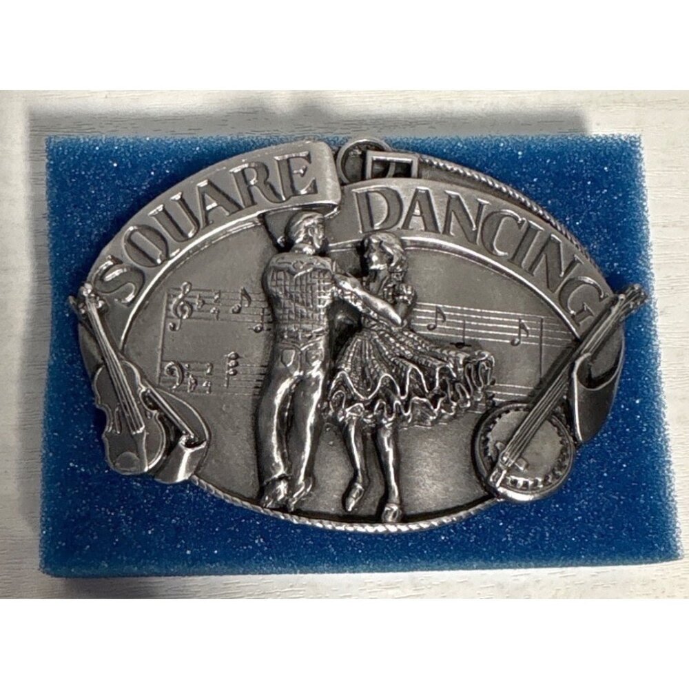 Square Dancing Siskiyou Belt Buckle 1988 Pewter Western Design with Orig Case